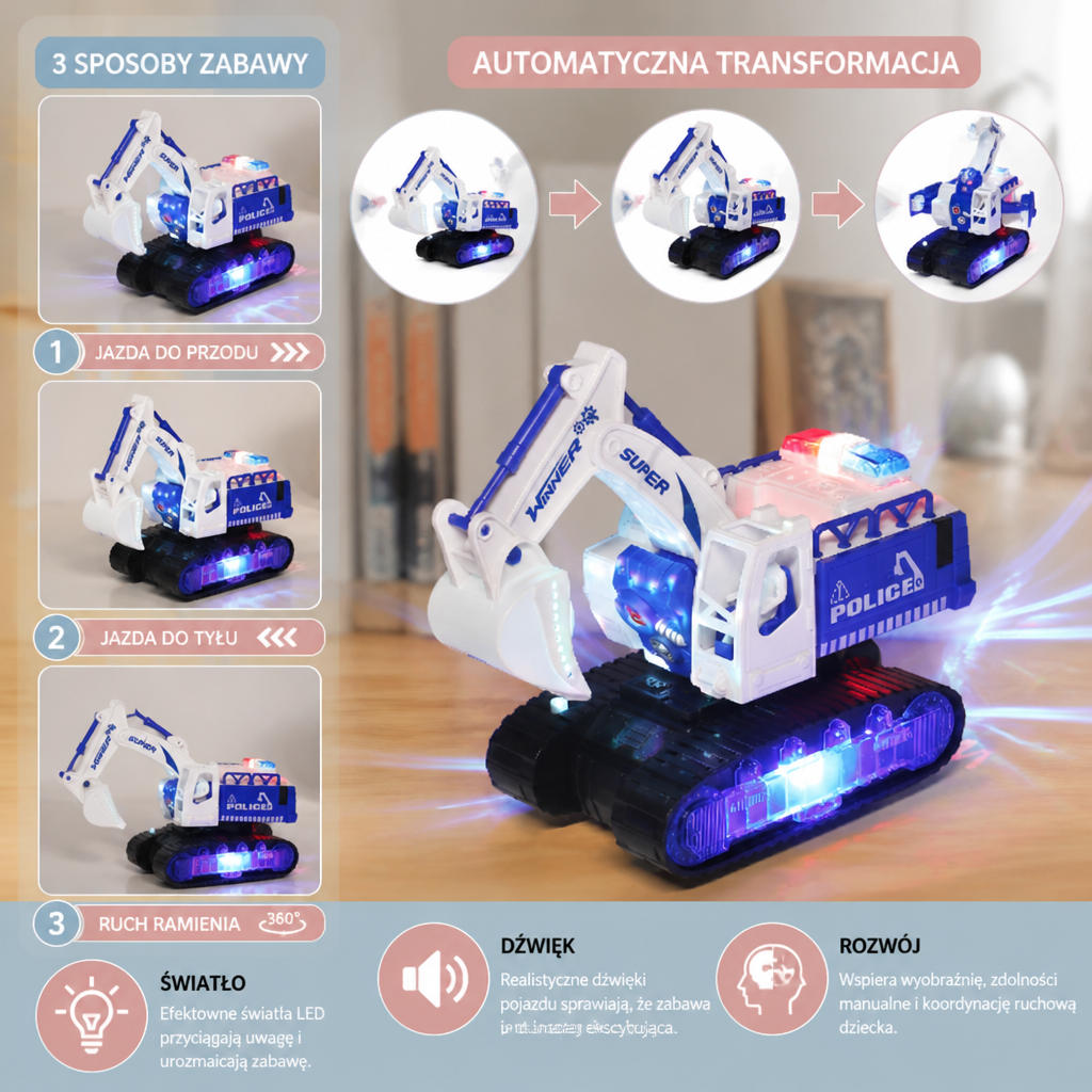 Policyjna koparka transformująca w robota – interaktywna zabawka ze światłem i dźwiękiem