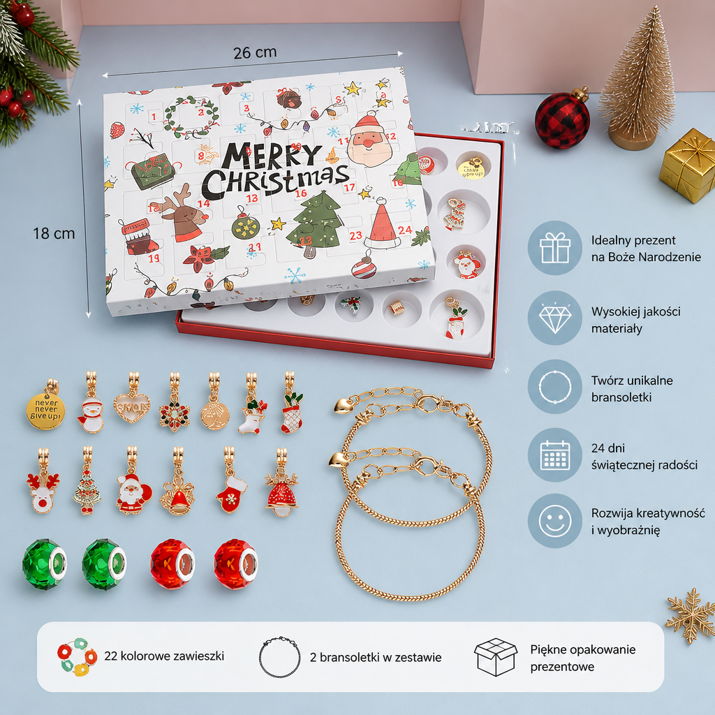 24-dniowy świąteczny kalendarz adwentowy z bransoletkami – zestaw DIY do tworzenia biżuterii dla dziewczynek