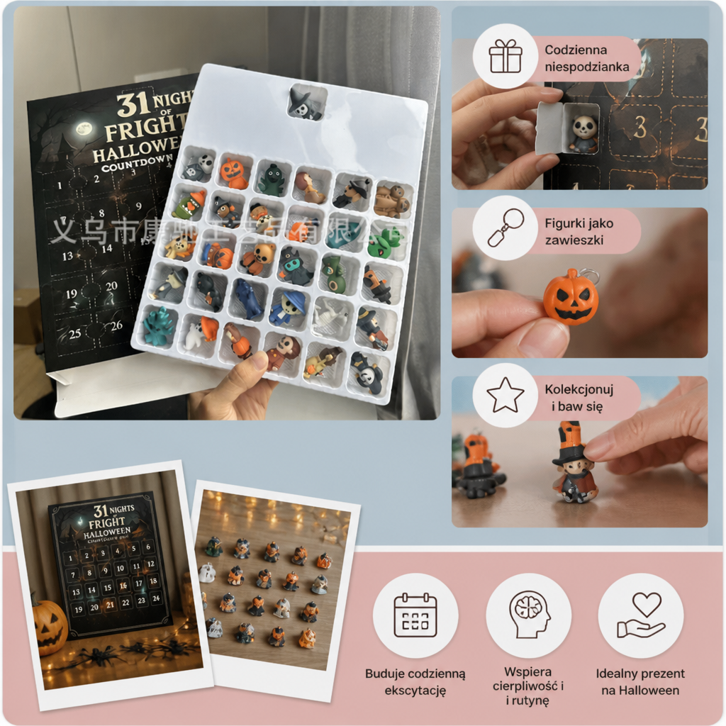 Kalendarz odliczający do Halloween z upiornymi mini figurkami-niespodziankami i zawieszkami