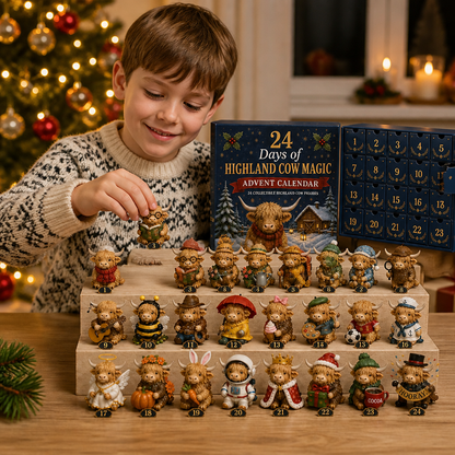 24-dniowy kalendarz adwentowy z kolekcjonerskimi mini figurkami krów rasy Highland