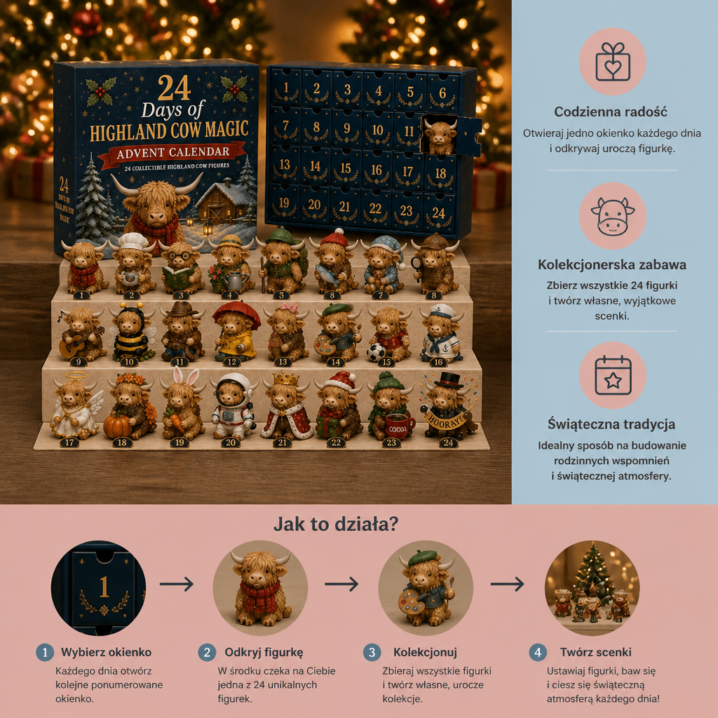 24-dniowy kalendarz adwentowy z kolekcjonerskimi mini figurkami krów rasy Highland