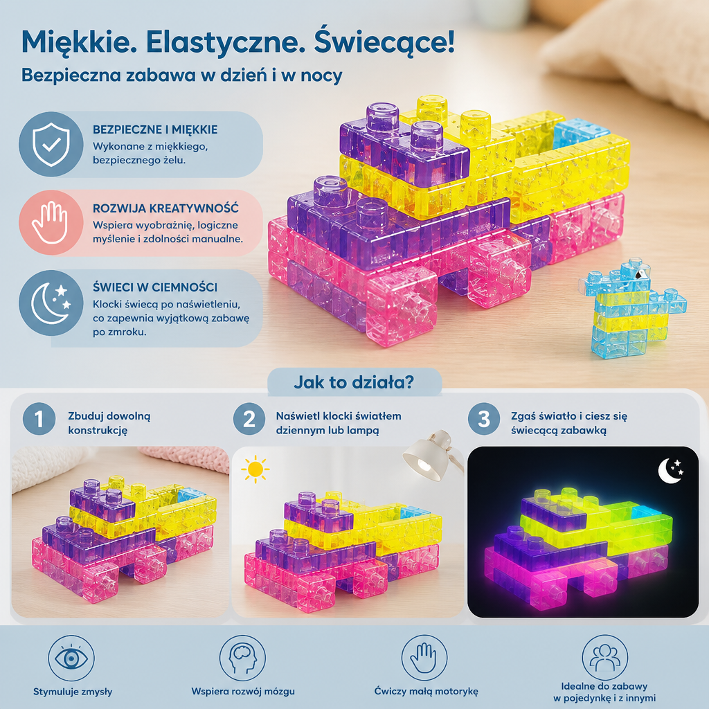 Świecące w ciemności miękkie żelowe klocki dla dzieci – bezpieczne i miękkie