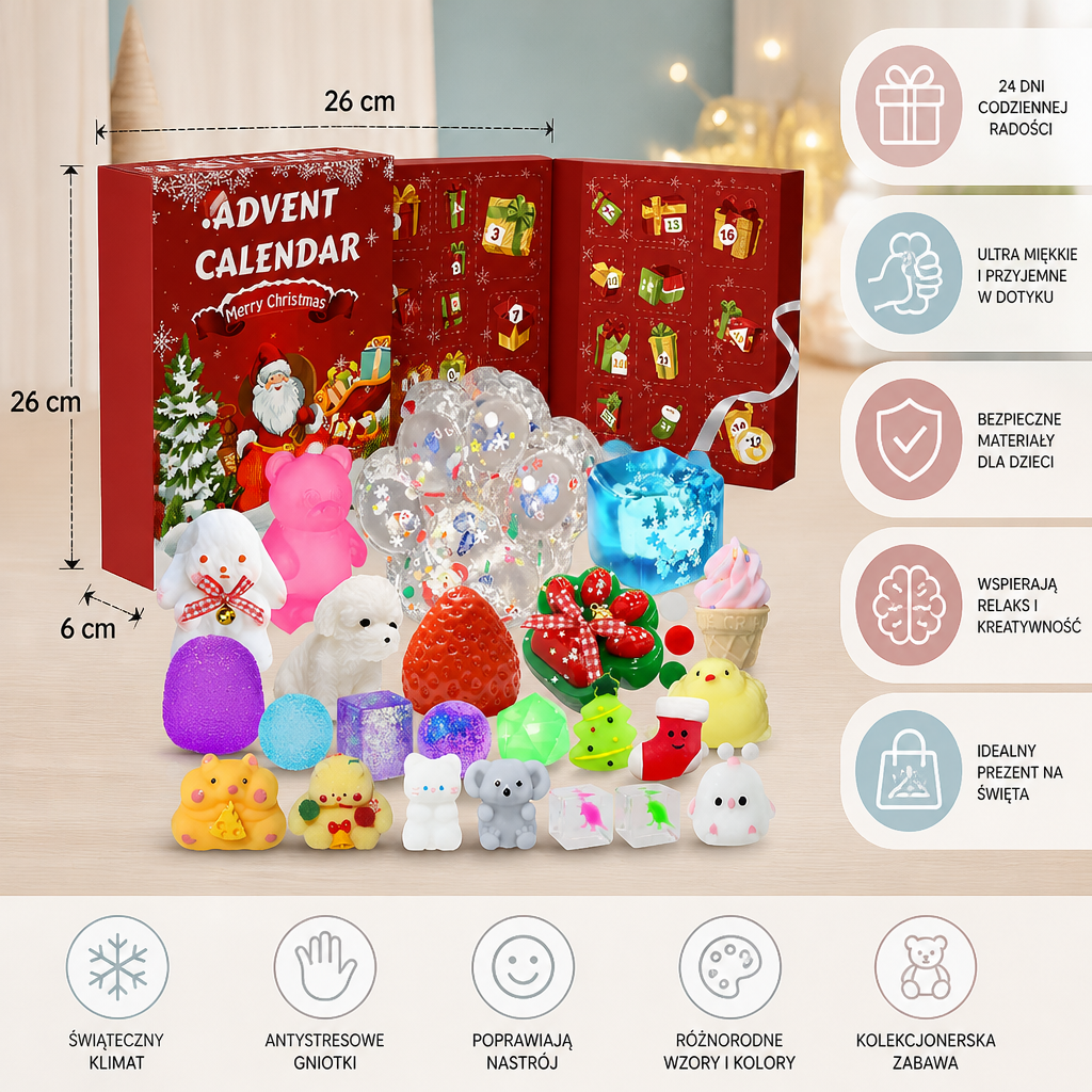 Kalendarz adwentowy Premium z gniotkami typu Squishy na 24 dni