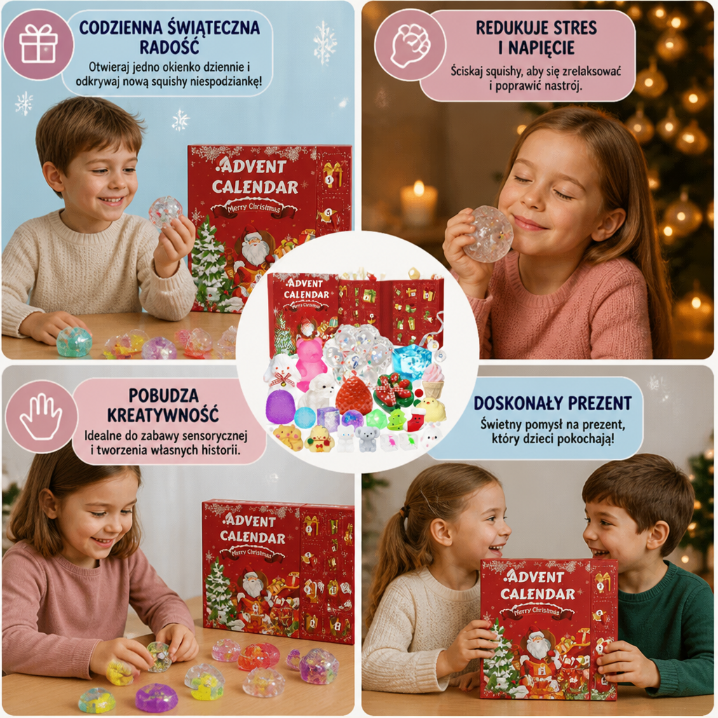 Kalendarz adwentowy Premium z gniotkami typu Squishy na 24 dni