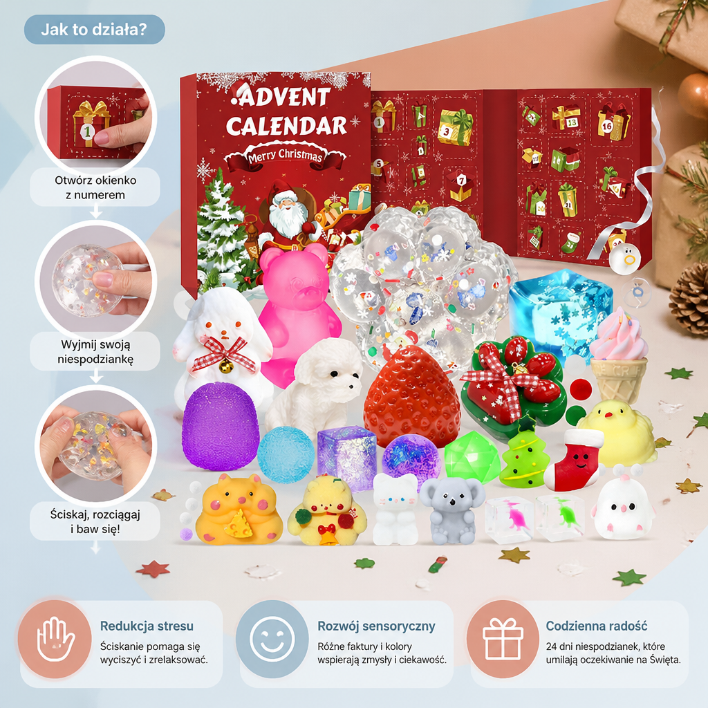 Kalendarz adwentowy Premium z gniotkami typu Squishy na 24 dni