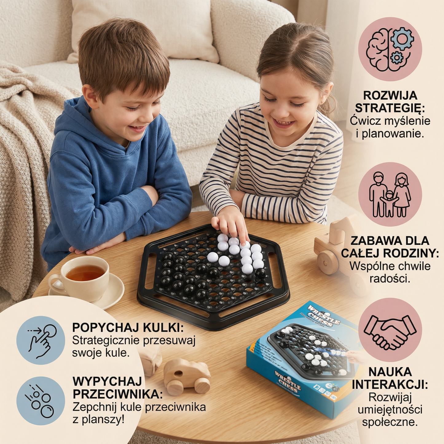 Rodzinna gra strategiczna w popychanie pionków – interaktywna gra logiczno-strategiczna dla dzieci