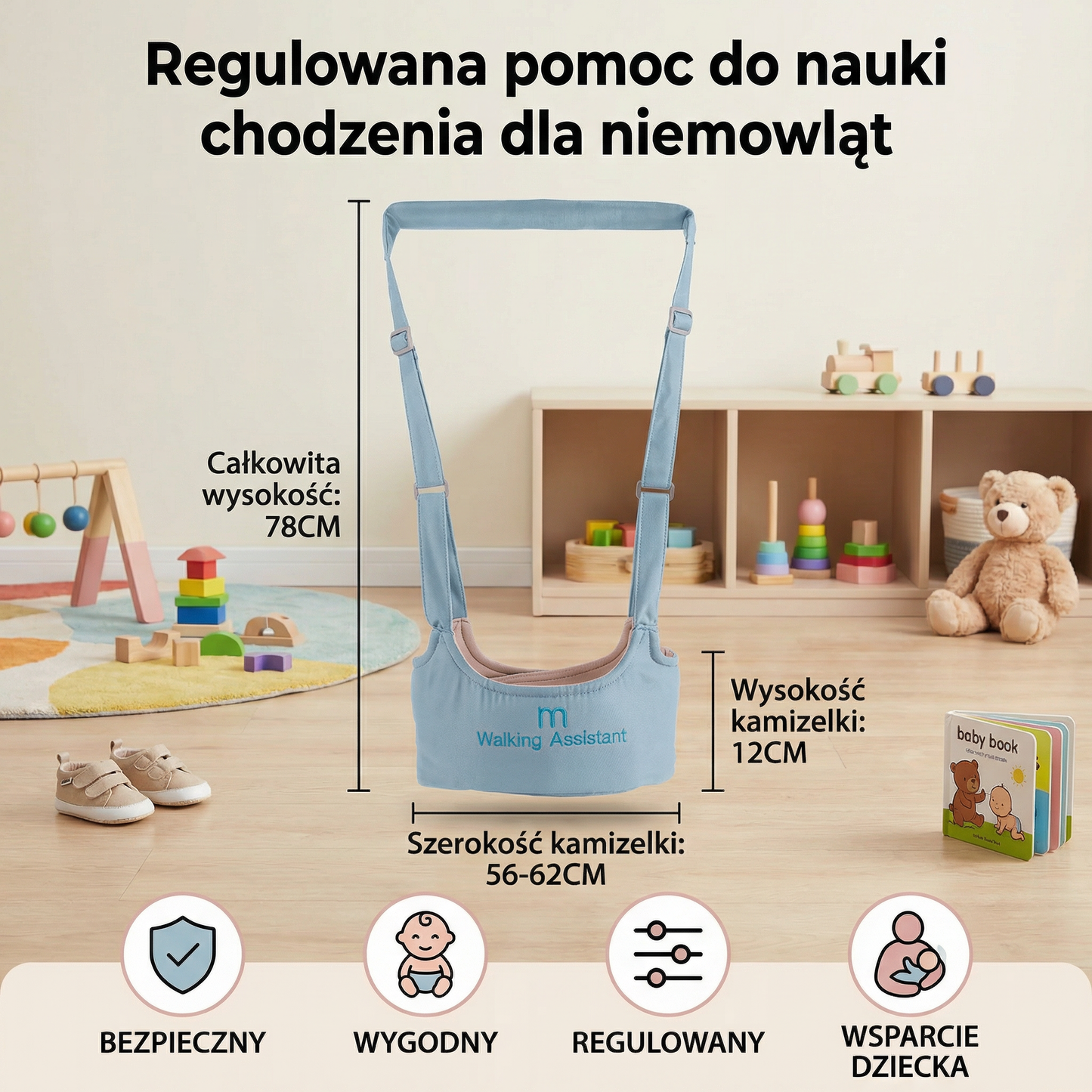 Regulowana pomoc do nauki chodzenia dla niemowląt z pasem bezpieczeństwa