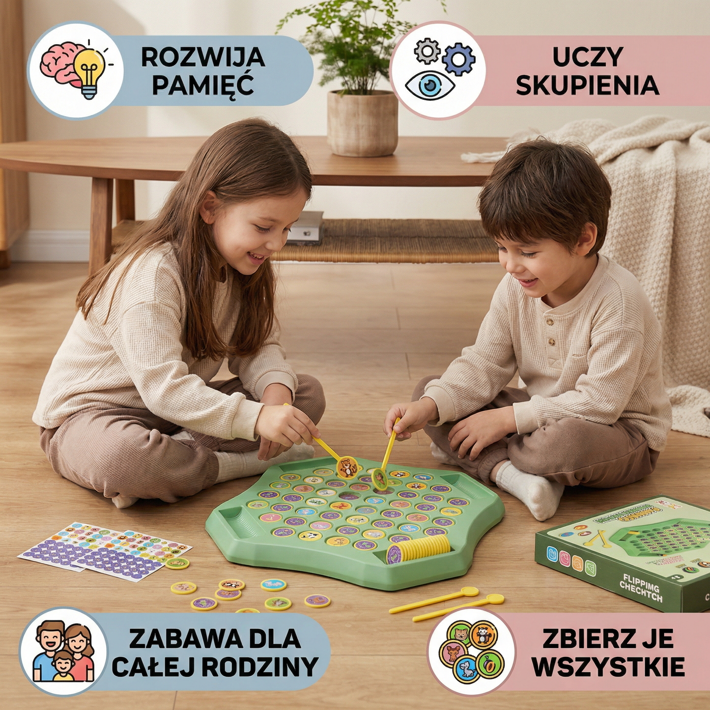 Gra planszowa Memory z monetami zwierząt dla całej rodziny