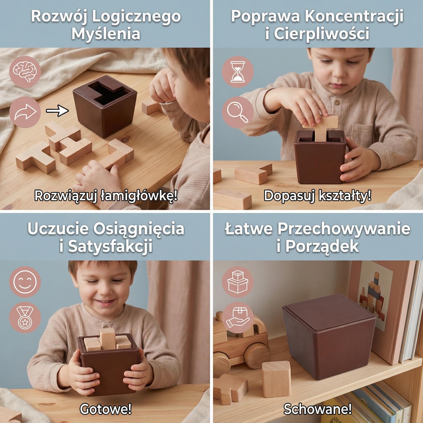 Drewniana układanka logiczna 3D i zagadka z kształtami