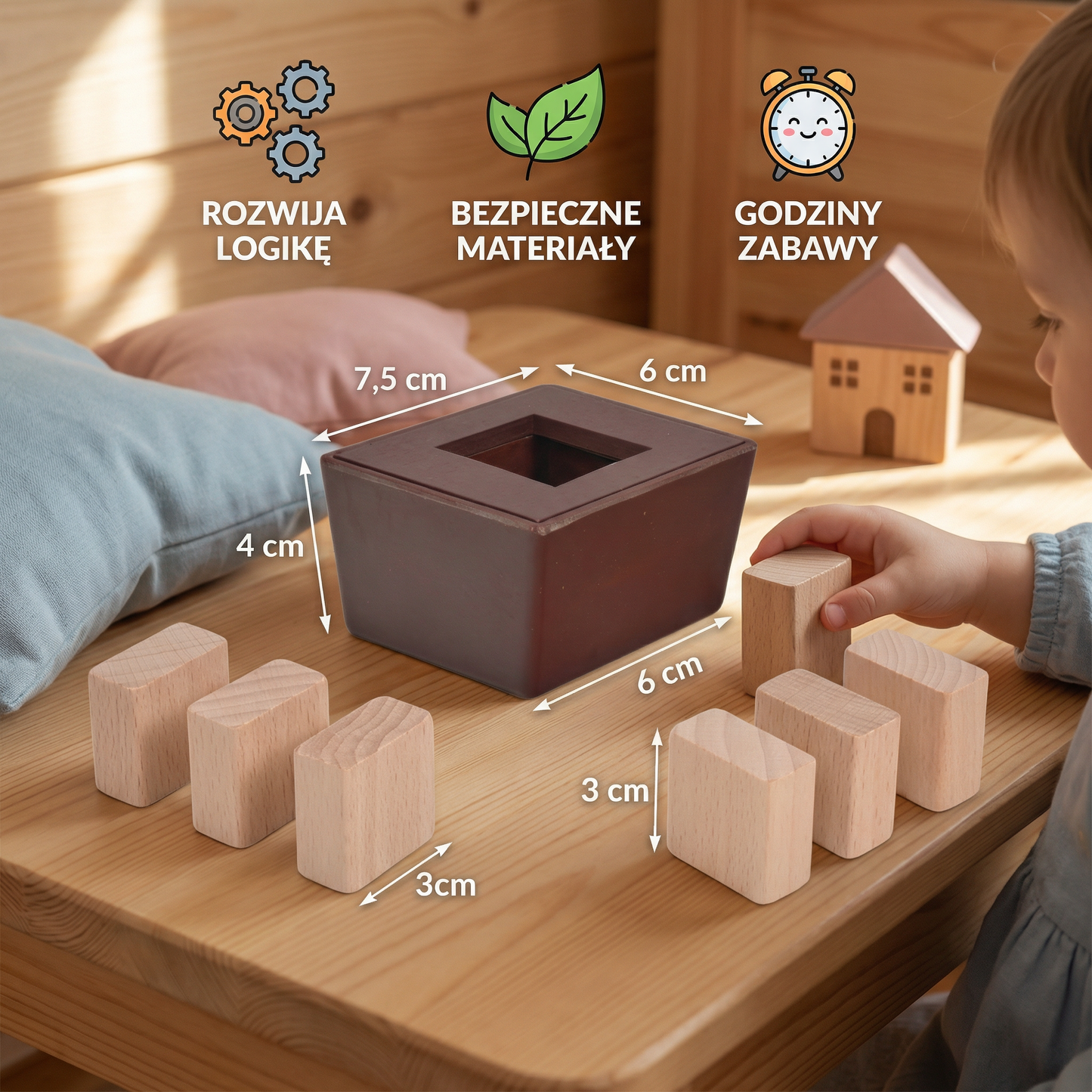 Drewniana układanka logiczna 3D i zagadka z kształtami