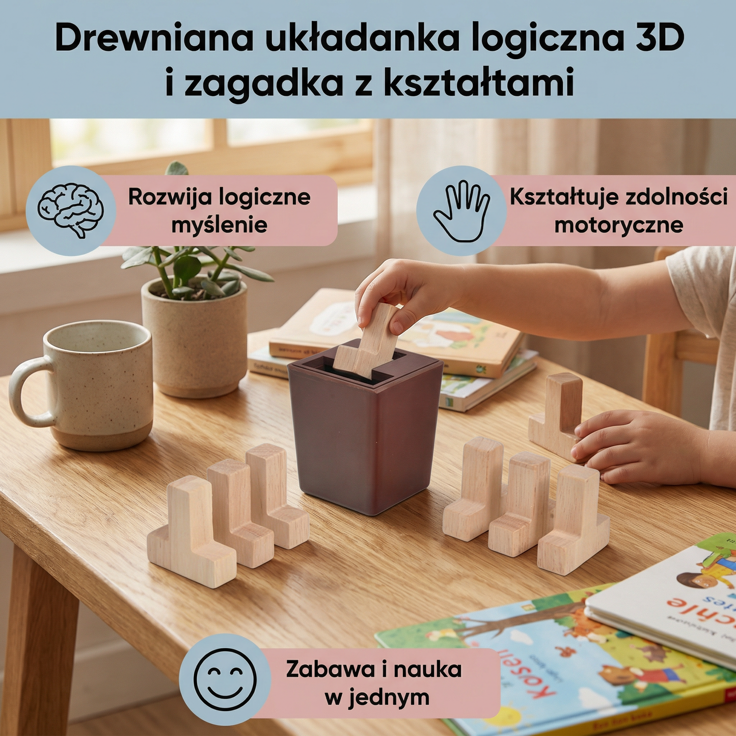 Drewniana układanka logiczna 3D i zagadka z kształtami