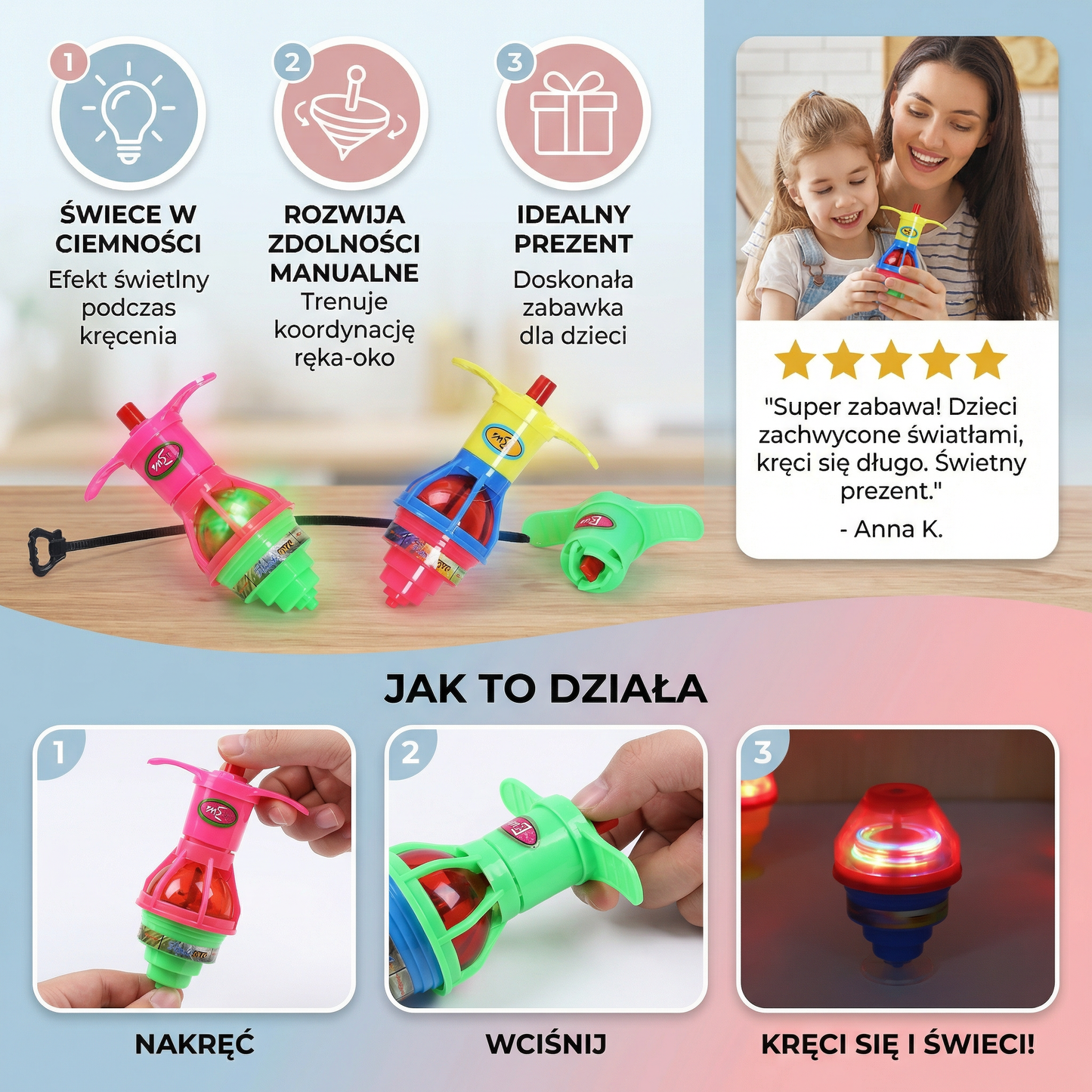 Świecący bączek LED – Kolorowa zabawka prezentowa dla dzieci