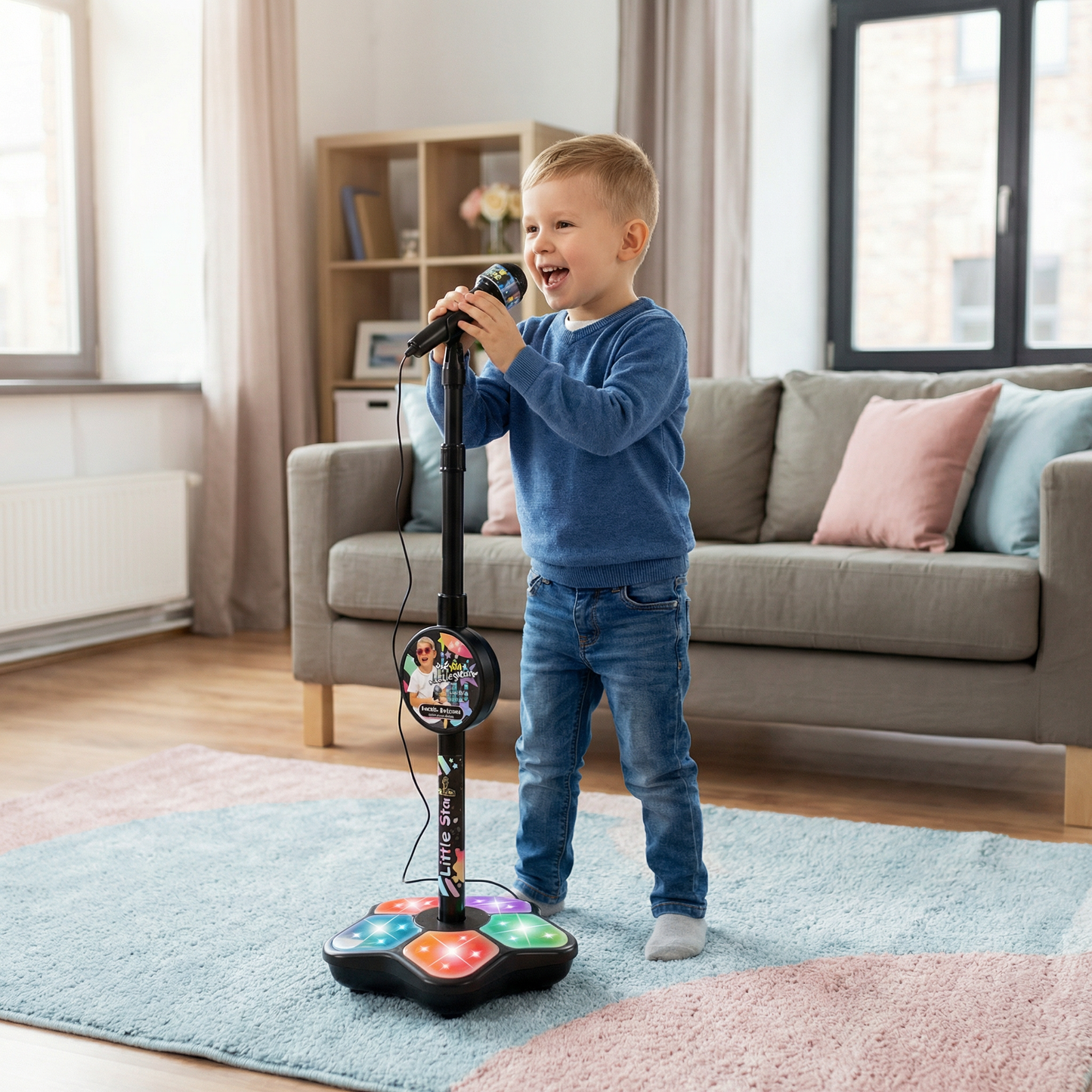 Zestaw karaoke dla dzieci z mikrofonem i statywem – muzyczna gra edukacyjna