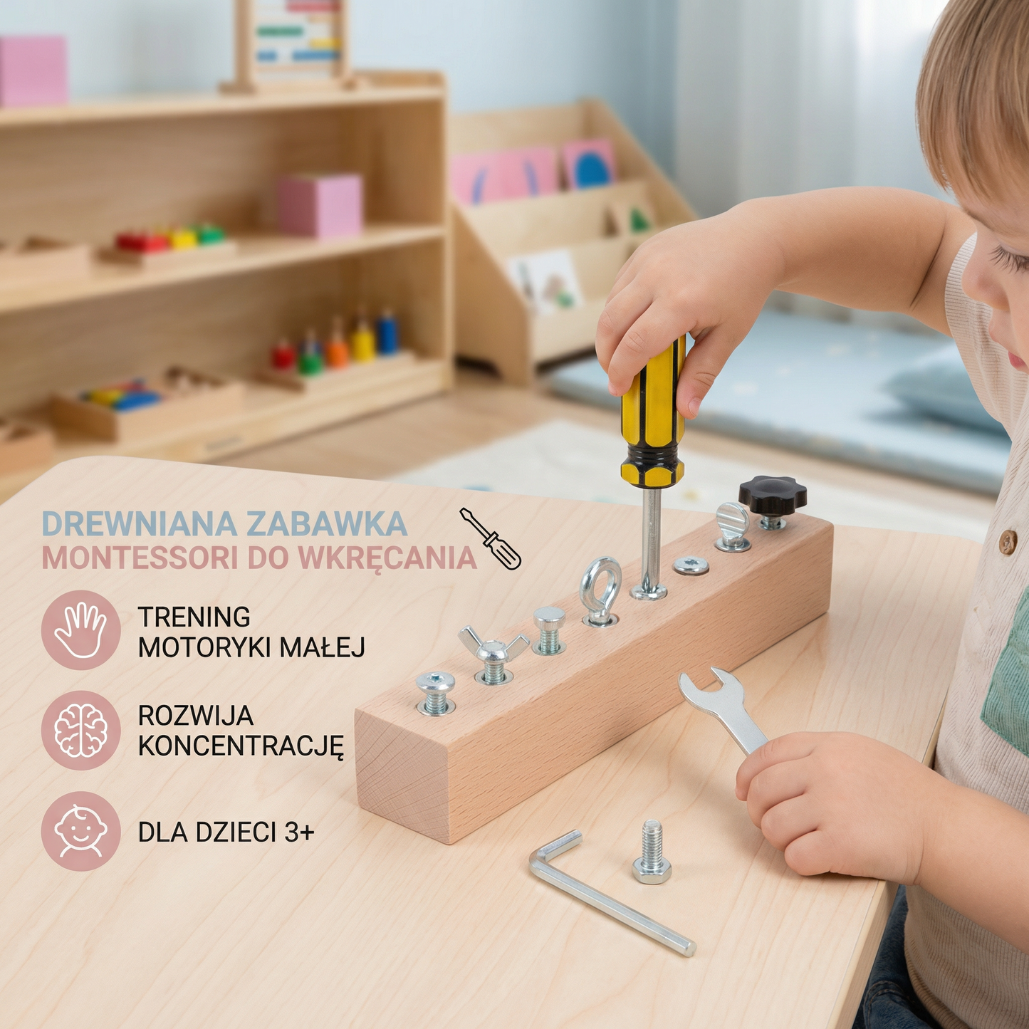Drewniana zabawka Montessori do wkręcania – trening motoryki małej i koncentracji dla dzieci