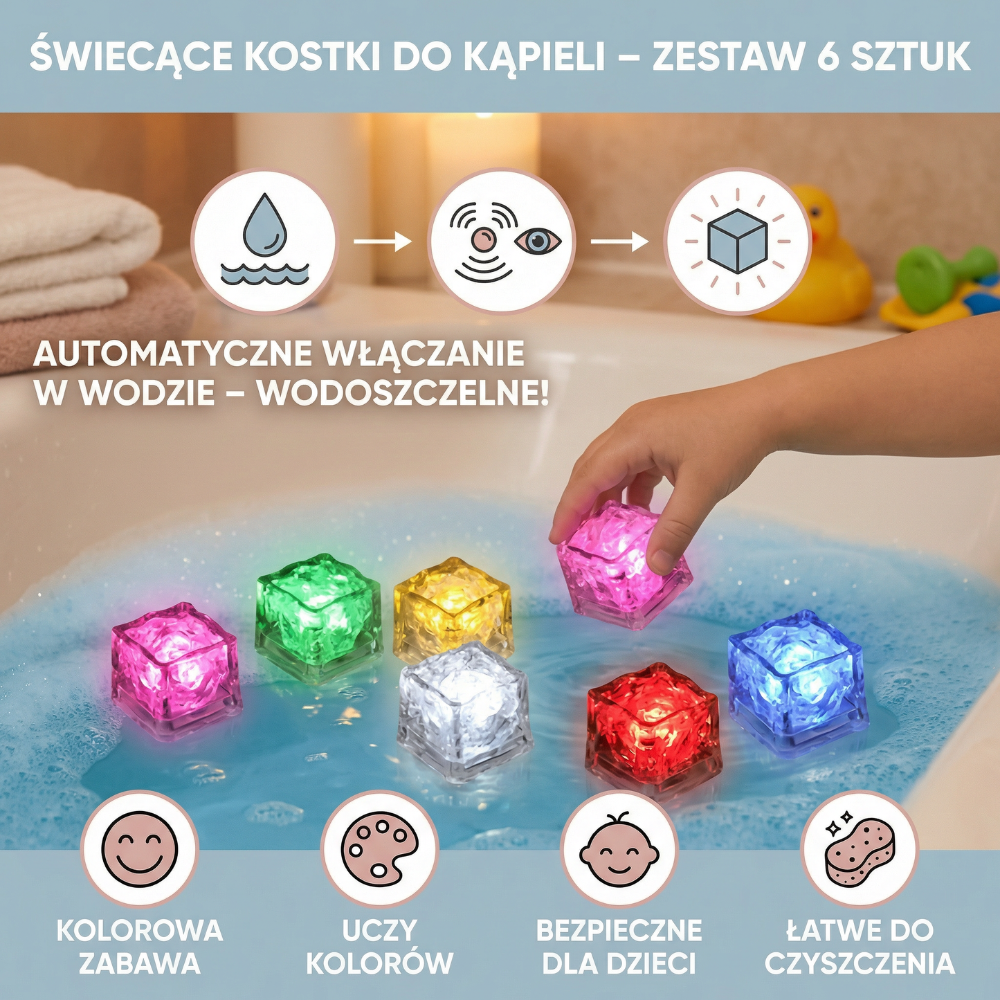 Świecące kostki do kąpieli – zabawka dla dzieci, zestaw 6 sztuk