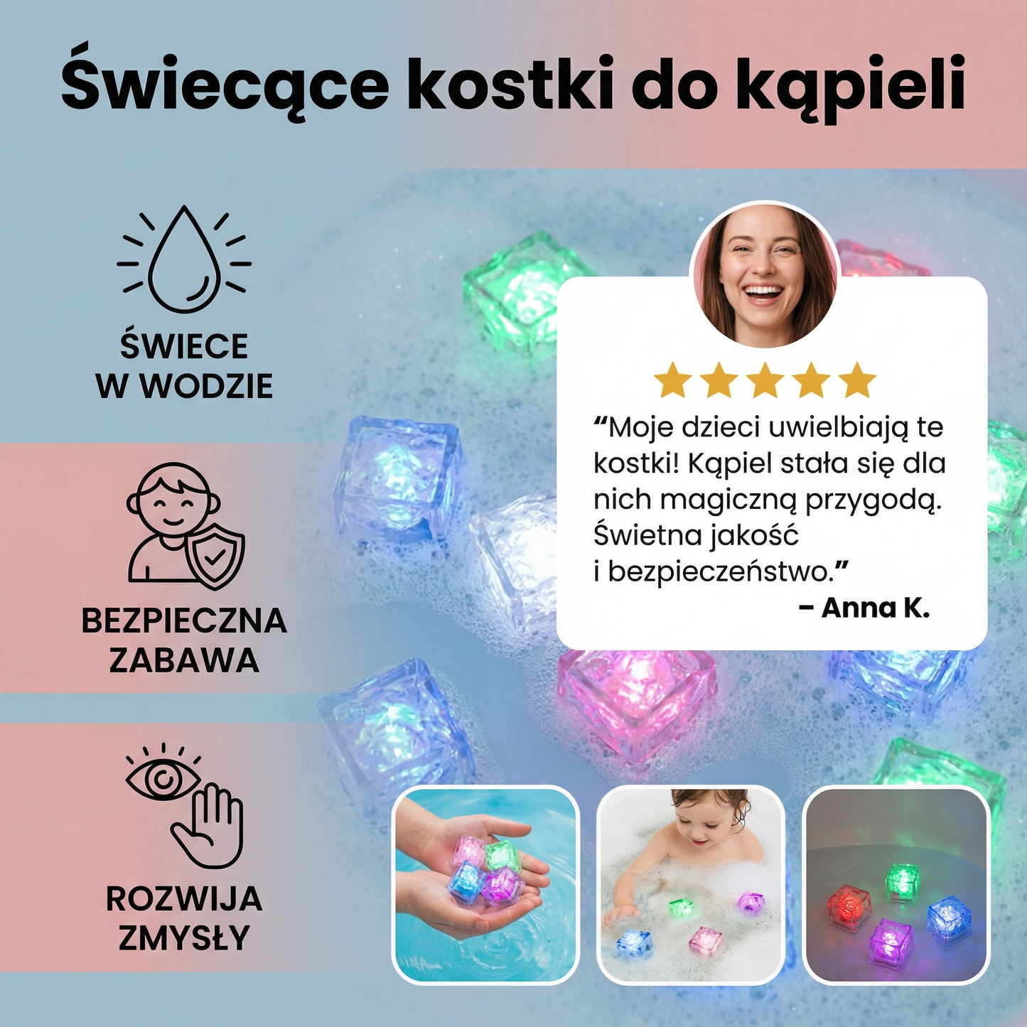 Świecące kostki do kąpieli – zabawka dla dzieci, zestaw 6 sztuk