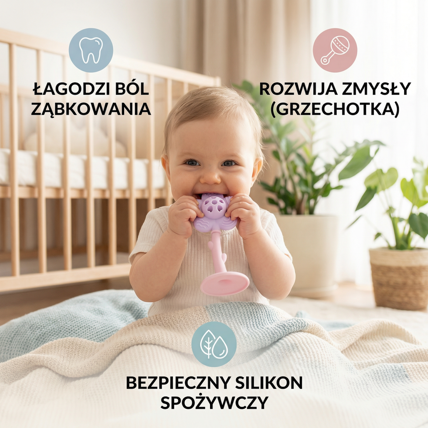 Gryzak w kształcie kwiatu z grzechotką – delikatna zabawka na ząbkowanie z silikonu spożywczego