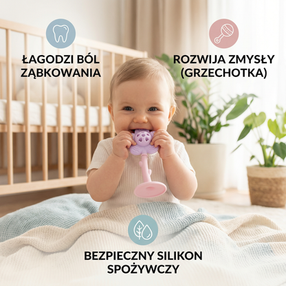 Gryzak w kształcie kwiatu z grzechotką – delikatna zabawka na ząbkowanie z silikonu spożywczego