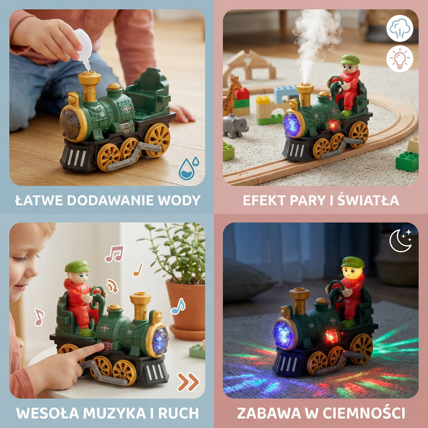 Urocza zabawkowa lokomotywa parowa z światłem, muzyką i efektem pary