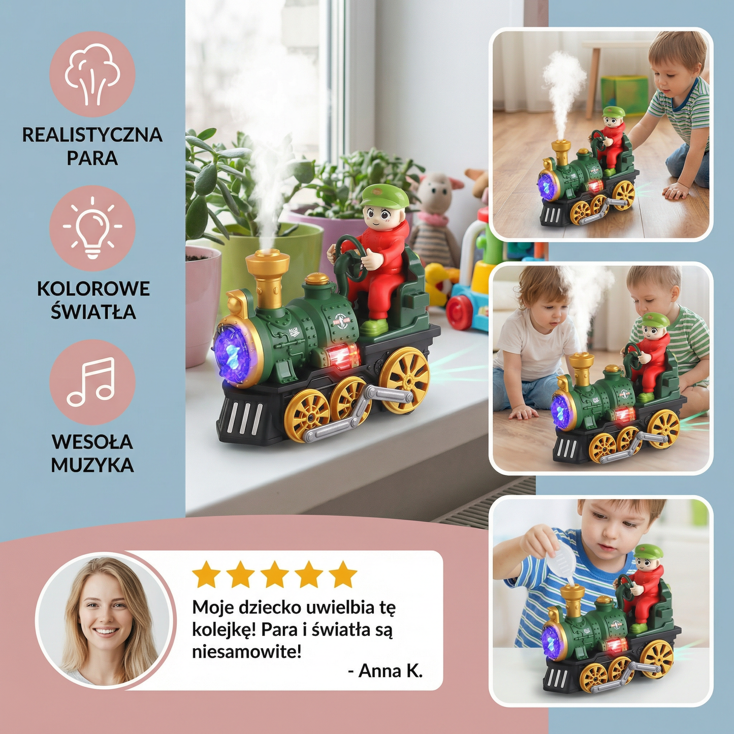 Urocza zabawkowa lokomotywa parowa z światłem, muzyką i efektem pary