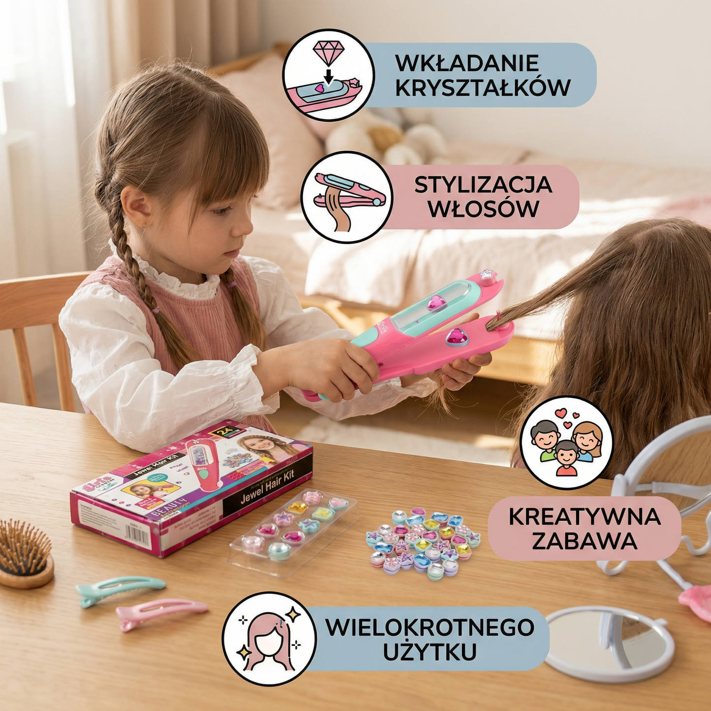 Zestaw stempla do włosów z brokatowymi kryształkami dla dzieci – zestaw do stylizacji z wielokrotnego użytku kryształkami