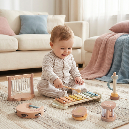 Drewniany zestaw instrumentów dla niemowląt – 6-elementowa sensoryczna zabawka muzyczna i dźwiękowa