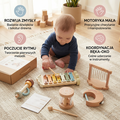 Drewniany zestaw instrumentów dla niemowląt – 6-elementowa sensoryczna zabawka muzyczna i dźwiękowa