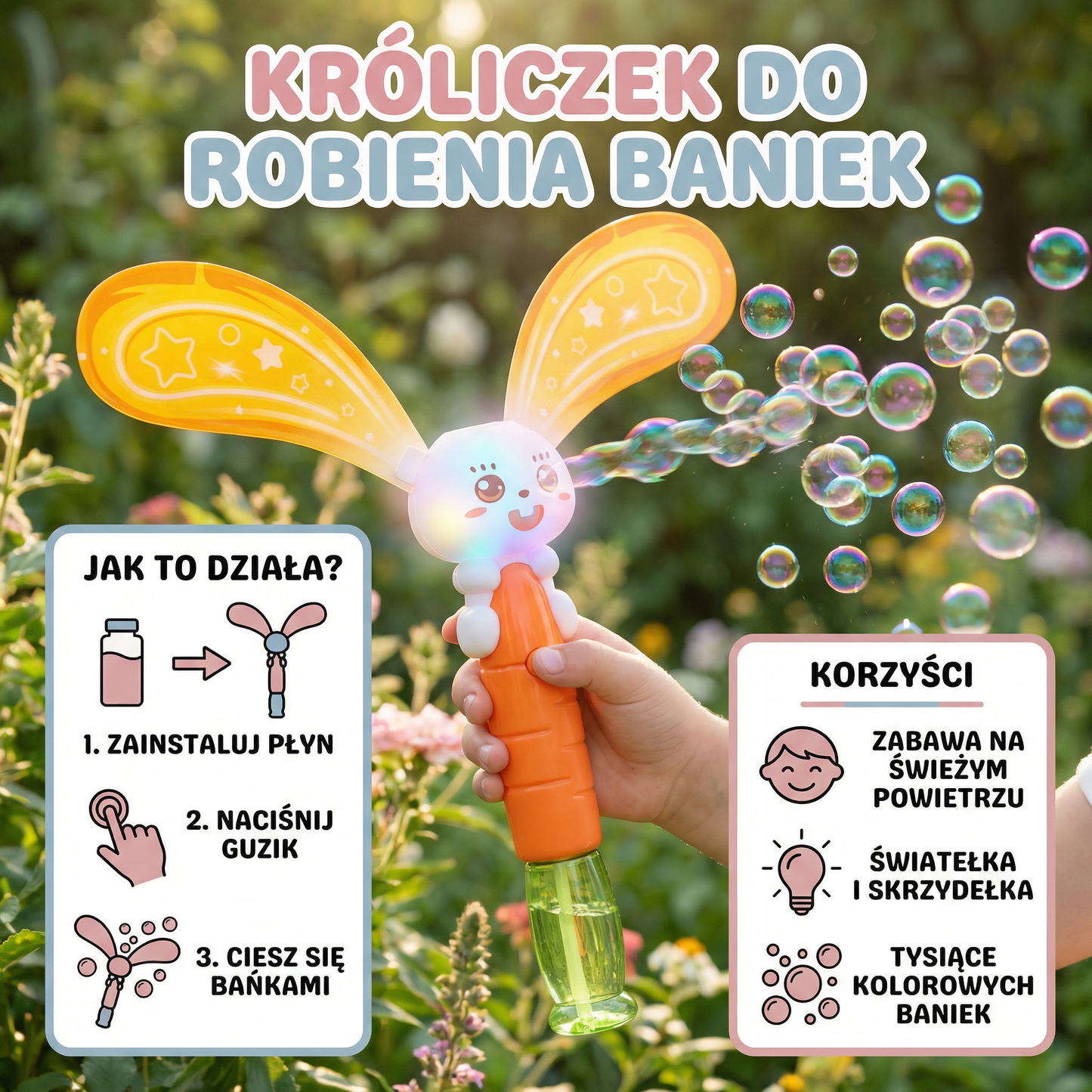 Króliczek do robienia baniek z skrzydełkami i światłem – dziecięcy bubble maker