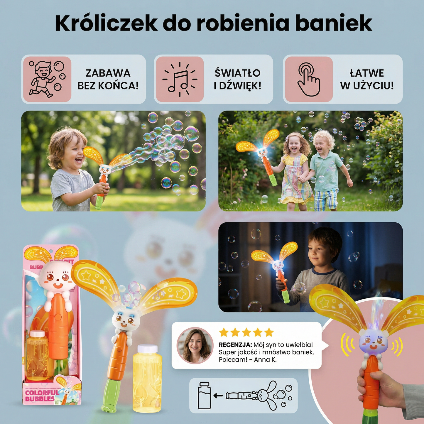 Króliczek do robienia baniek z skrzydełkami i światłem – dziecięcy bubble maker