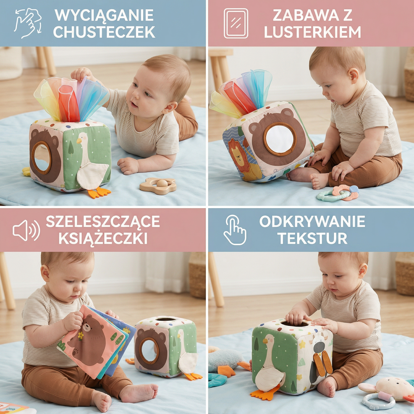Montessori sensoryczne pudełko z chusteczkami dla niemowląt – miękka zabawka do szeleszczenia i odkrywania