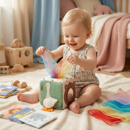 Montessori sensoryczne pudełko z chusteczkami dla niemowląt – miękka zabawka do szeleszczenia i odkrywania