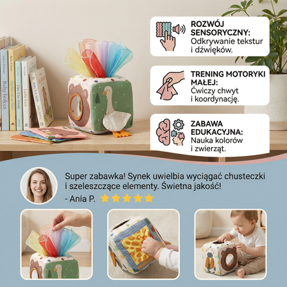 Montessori sensoryczne pudełko z chusteczkami dla niemowląt – miękka zabawka do szeleszczenia i odkrywania