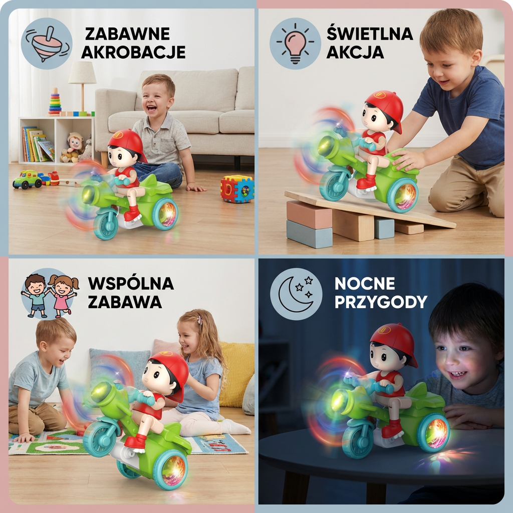 Motocykl Kaskaderski Dla Dzieci – Interaktywna Zabawka Ze Światłem I Akcją