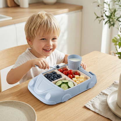Lunchbox Bento w Kształcie Samochodu dla Dzieci – Zabawkowa Taca na Jedzenie z Przegródkami i Kubkiem
