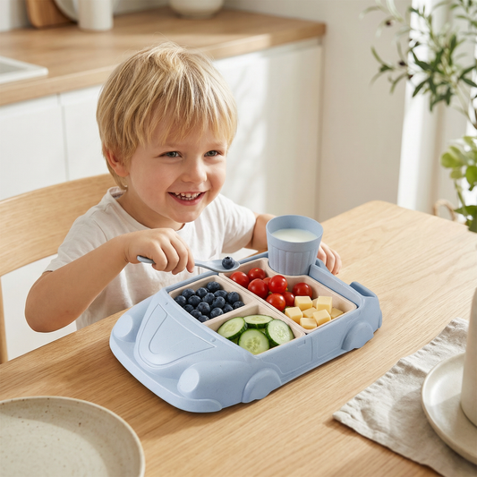 Lunchbox Bento w Kształcie Samochodu dla Dzieci – Zabawkowa Taca na Jedzenie z Przegródkami i Kubkiem