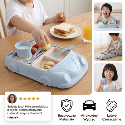 Lunchbox Bento w Kształcie Samochodu dla Dzieci – Zabawkowa Taca na Jedzenie z Przegródkami i Kubkiem