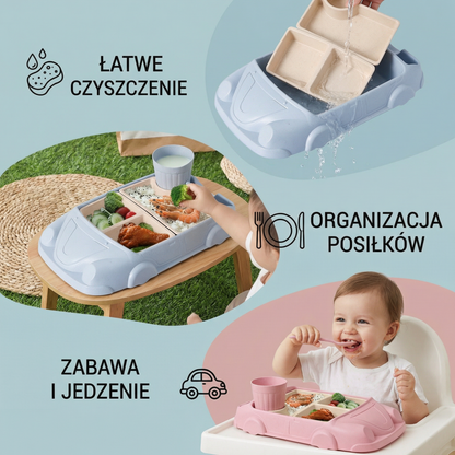 Lunchbox Bento w Kształcie Samochodu dla Dzieci – Zabawkowa Taca na Jedzenie z Przegródkami i Kubkiem