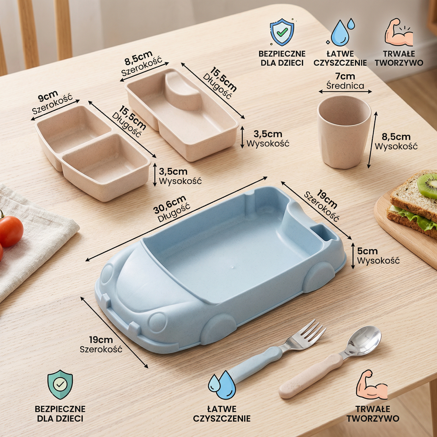 Lunchbox Bento w Kształcie Samochodu dla Dzieci – Zabawkowa Taca na Jedzenie z Przegródkami i Kubkiem