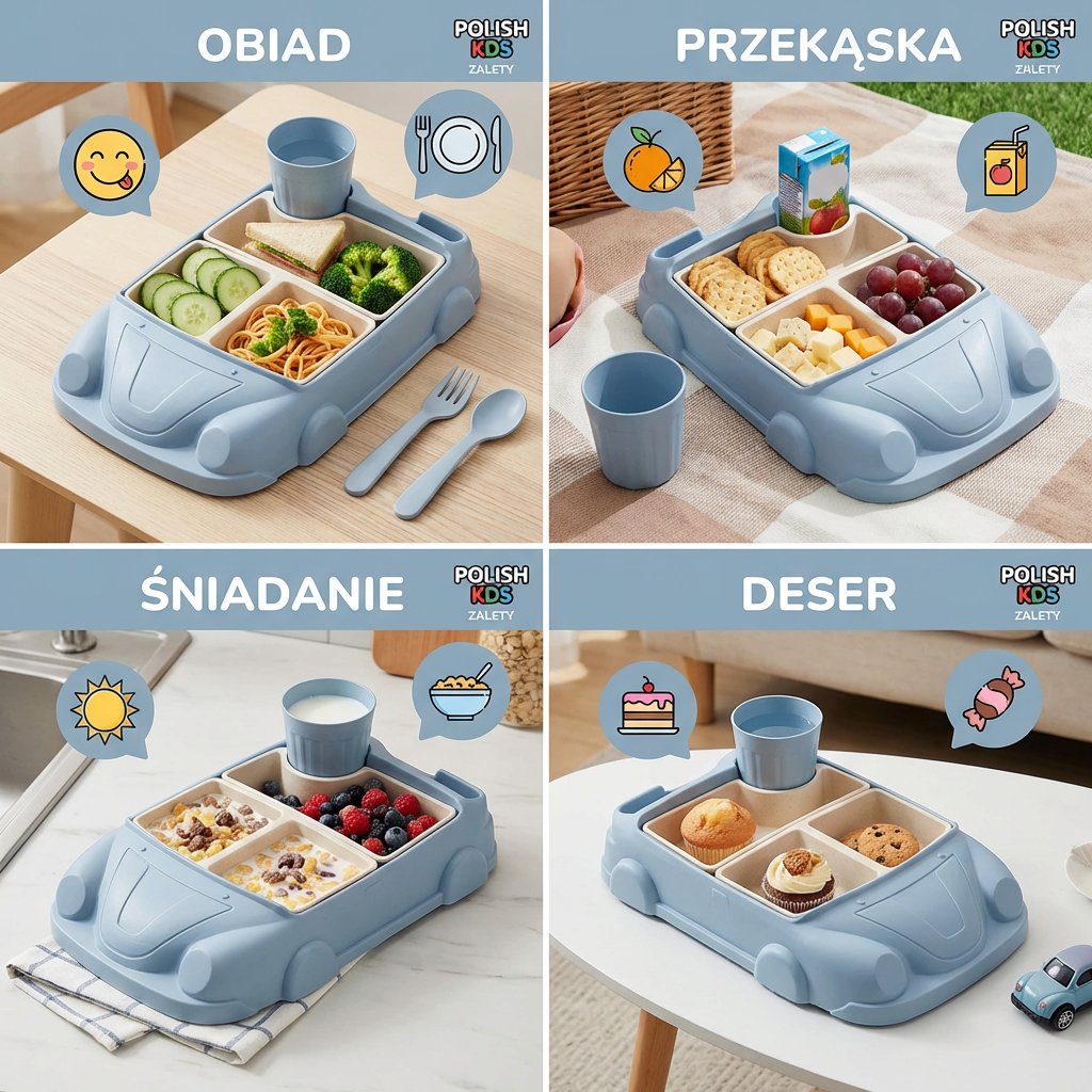 Lunchbox Bento w Kształcie Samochodu dla Dzieci – Zabawkowa Taca na Jedzenie z Przegródkami i Kubkiem