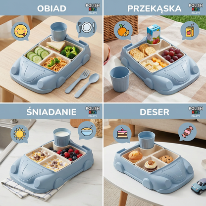 Lunchbox Bento w Kształcie Samochodu dla Dzieci – Zabawkowa Taca na Jedzenie z Przegródkami i Kubkiem