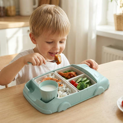 Lunchbox Bento w Kształcie Samochodu dla Dzieci – Zabawkowa Taca na Jedzenie z Przegródkami i Kubkiem