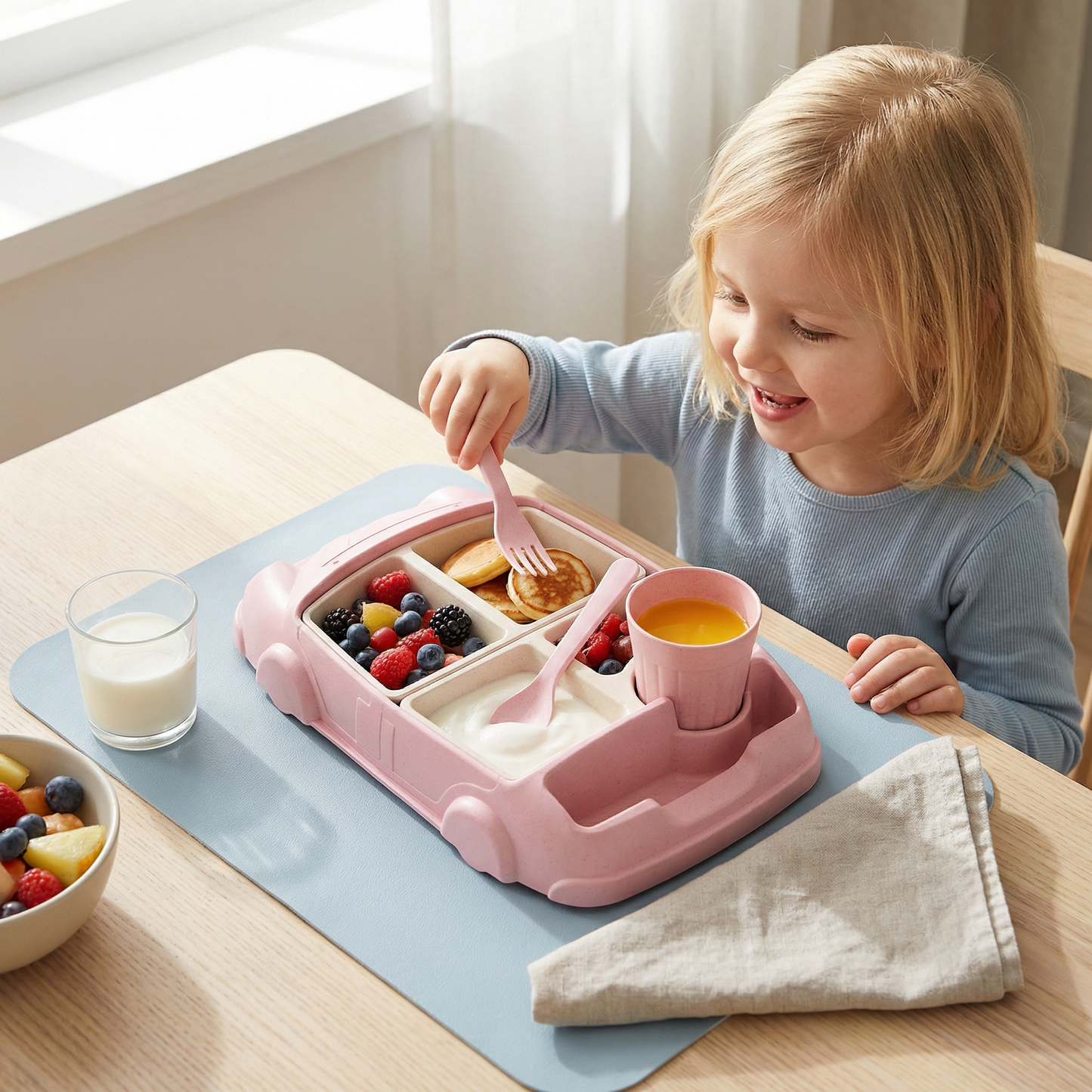 Lunchbox Bento w Kształcie Samochodu dla Dzieci – Zabawkowa Taca na Jedzenie z Przegródkami i Kubkiem