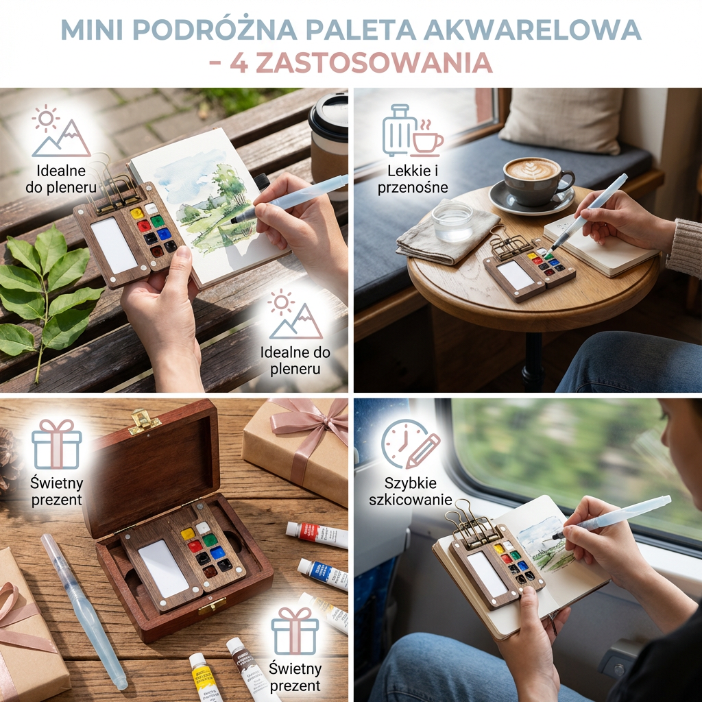 Mini Podróżna Paleta Akwarelowa – Kieszonkowy Zestaw Malarski z Kompaktowym Drewnianym Etui