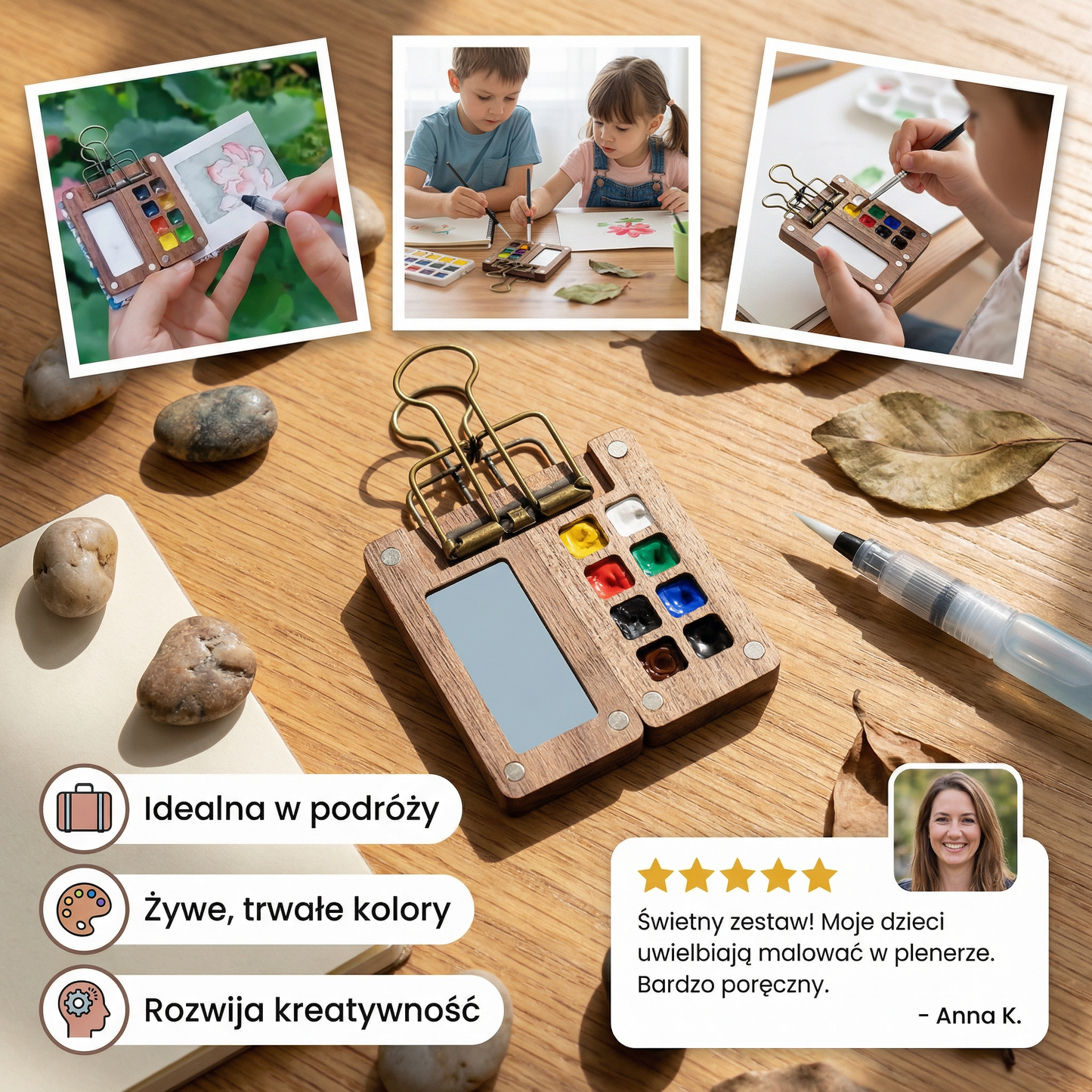 Mini Podróżna Paleta Akwarelowa – Kieszonkowy Zestaw Malarski z Kompaktowym Drewnianym Etui