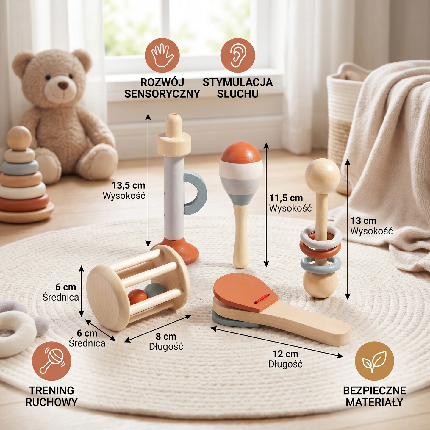 Zestaw Muzyczny Montessori dla Niemowląt – 5-częściowa Kolekcja Grzechotek Sensorycznych