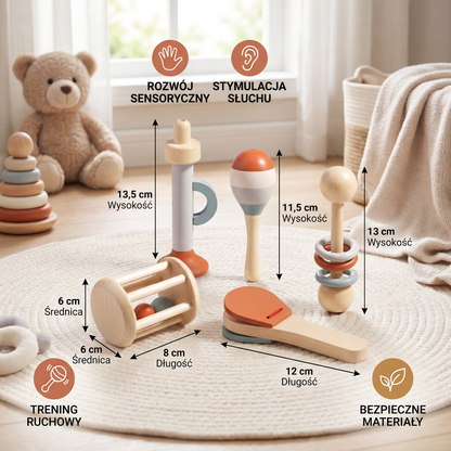 Zestaw Muzyczny Montessori dla Niemowląt – 5-częściowa Kolekcja Grzechotek Sensorycznych
