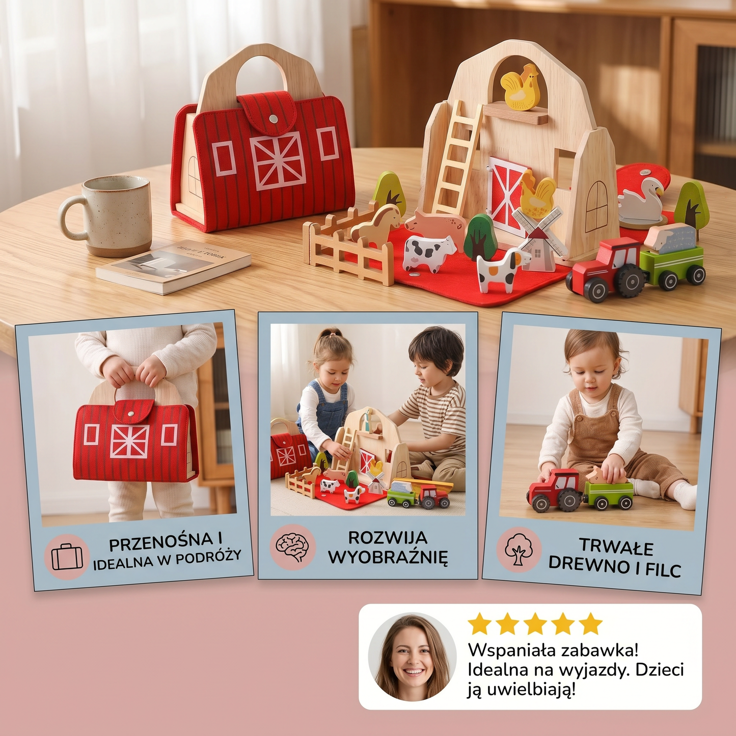 Montessori Drewniana i Filcowa Farma Podróżna – Idealna do Zabawy w Podróży