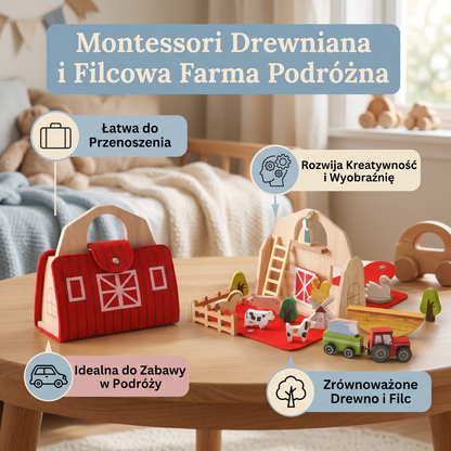 Montessori Drewniana i Filcowa Farma Podróżna – Idealna do Zabawy w Podróży