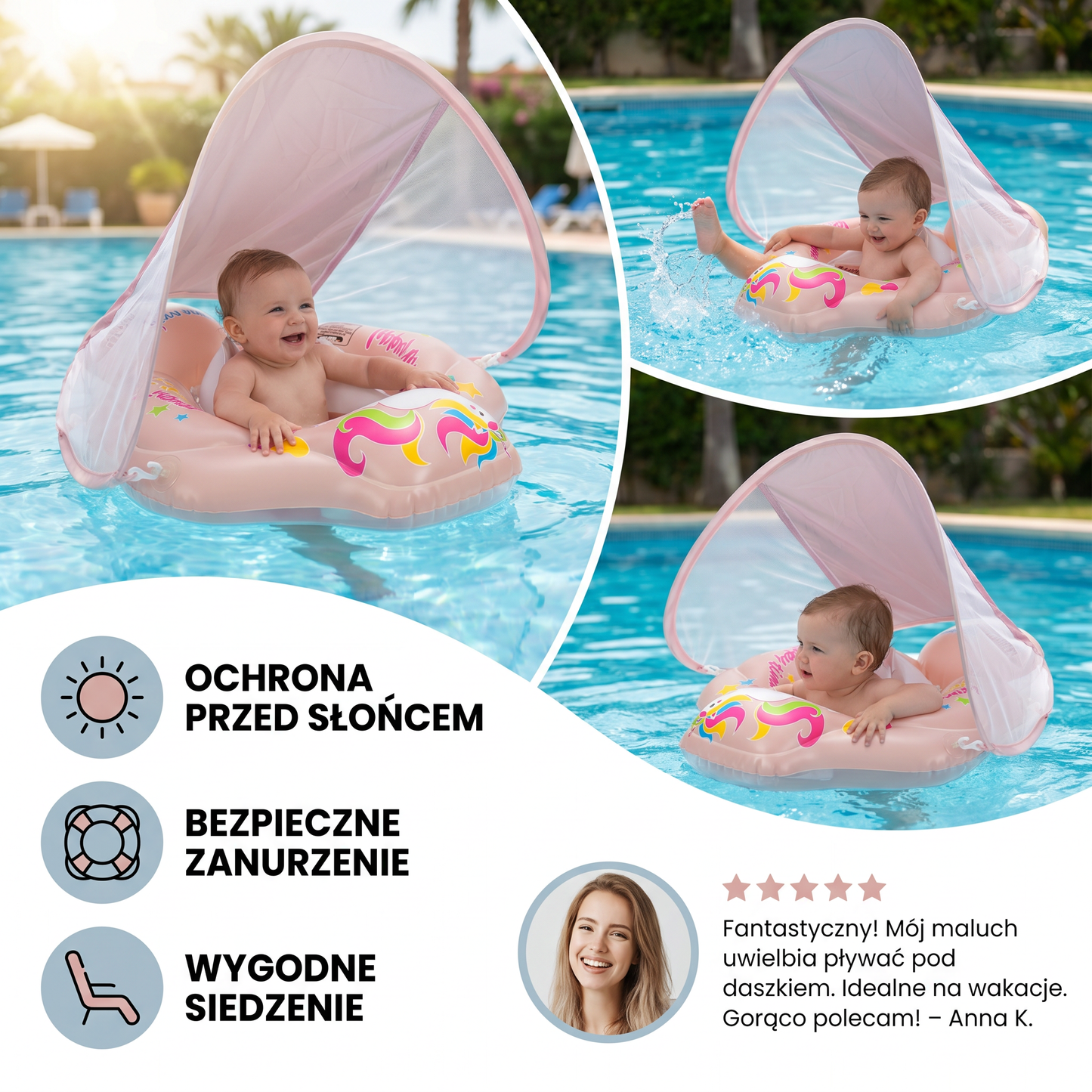 Baby Swim Ring z Osłoną Przeciwsłoneczną – Nadmuchiwany Pierścień do Pływania dla Bezpiecznej Zabawy w Wodzie