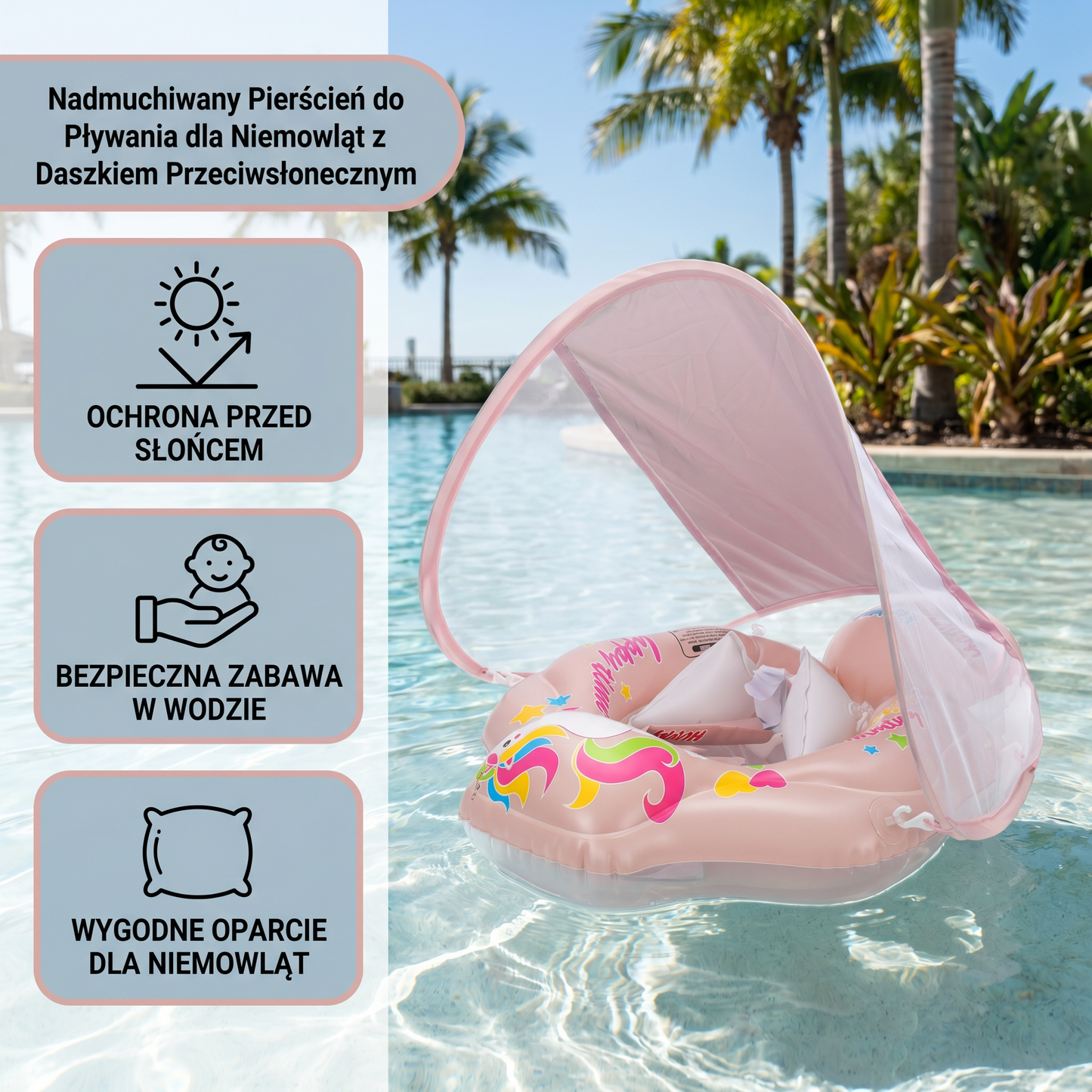 Baby Swim Ring z Osłoną Przeciwsłoneczną – Nadmuchiwany Pierścień do Pływania dla Bezpiecznej Zabawy w Wodzie